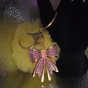 Keychain, Yellow Pom Pom with Pink Rhinestone Bow Charm